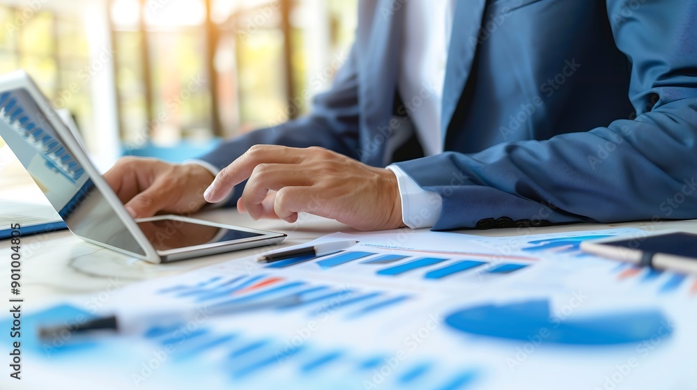 Business finance and investment concept Businessman using digital tablet analyzing and calculating financial data with economic graph growth chart Business strategy and planning market : Generative AI Business finance and investment concept Businessman using digital tablet analyzing and calculating financial data with economic graph growth chart Business strategy and planning market : Generative AI
