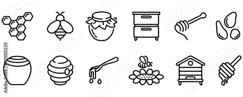 Collection of honey related icons. Thin line style illustration.