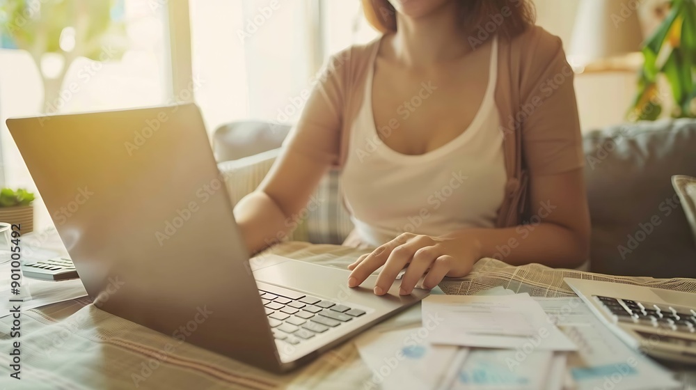 Smiling woman managing finances at home using laptop calculator and documents in cozy living room Concept of home budgeting financial planning and remote work : Generative AI Smiling woman managing finances at home using laptop calculator and documents in cozy living room Concept of home budgeting financial planning and remote work : Generative AI