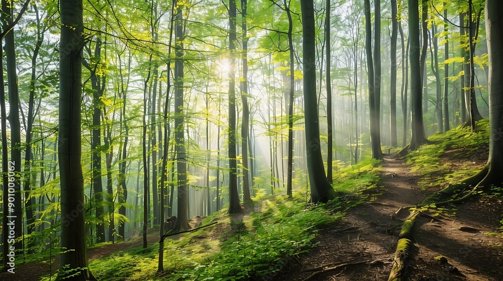 Hiking trail through natural green beech forest in the morning light the sun shines through the morning mist Ziegeroda Forest SaxonyAnhalt Germany Europe : Generative AI Hiking trail through natural green beech forest in the morning light the sun shines through the morning mist Ziegeroda Forest SaxonyAnhalt Germany Europe : Generative AI