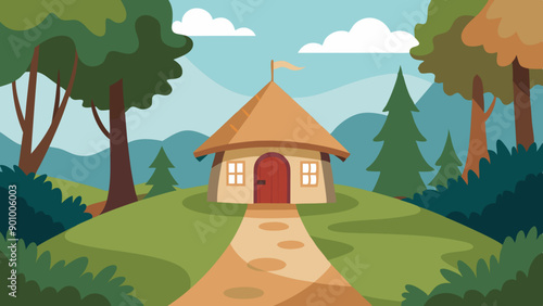 Vector illustration of a house with a thatched roof and a pathway in the middle of a forest