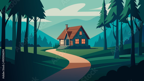 Vector illustration of a house with a thatched roof and a pathway in the middle of a forest