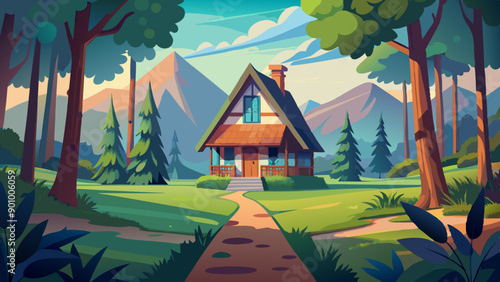 Vector illustration of a house with a thatched roof and a pathway in the middle of a forest