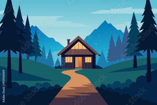 Vector illustration of a house with a thatched roof and a pathway in the middle of a forest