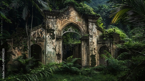 Costa Rica Valle de Orosi Ujarras Church Facade Ruins being overgrown by jungle forest : Generative AI