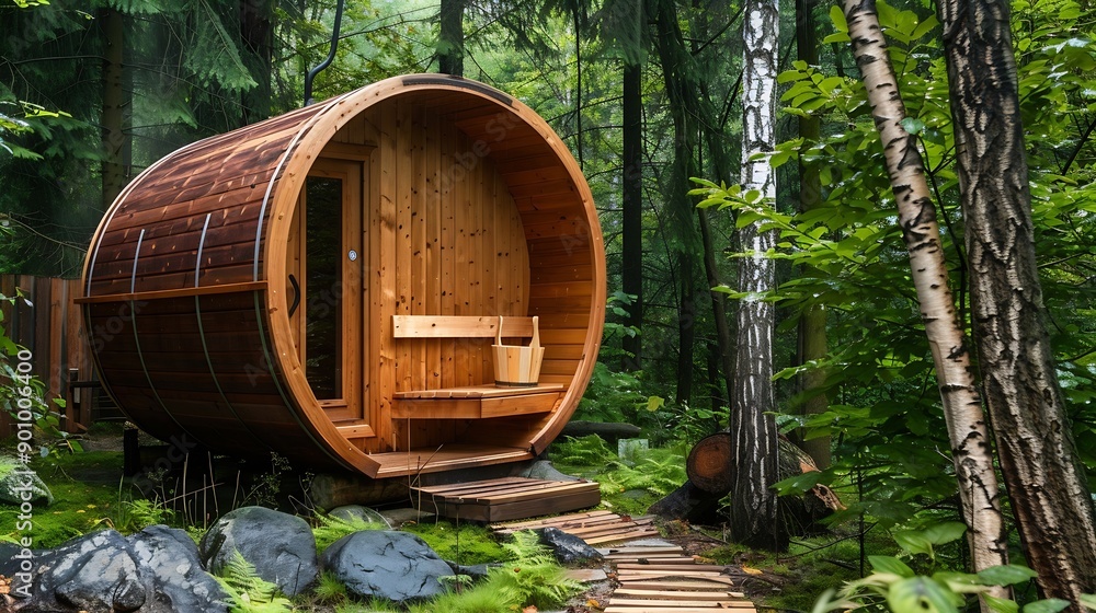 Round outdoor wooden sauna building on the edge of a green forest : Generative AI