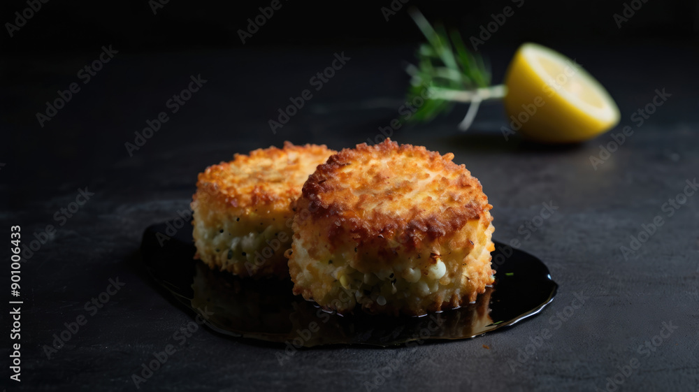 Potato pancakes with sour cream and lemon on a black background. Potato pancakes with sour cream and lemon on a black background.