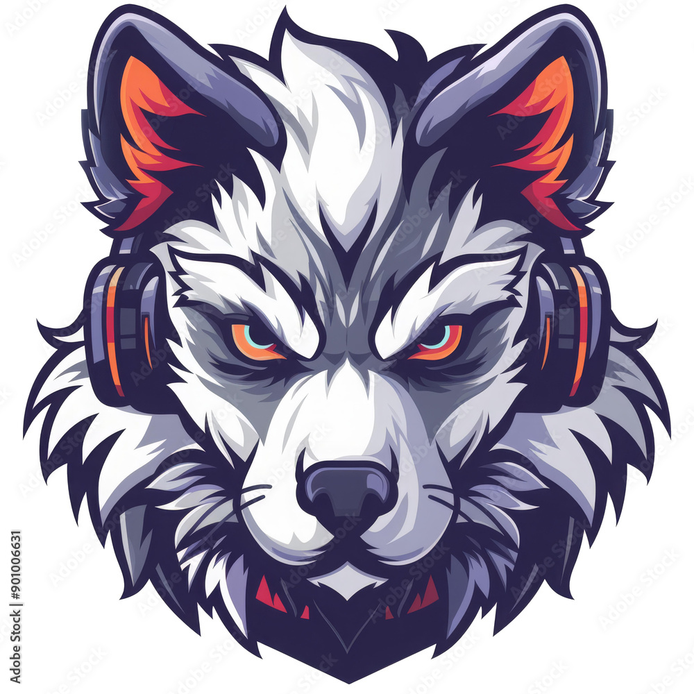 Fototapeta premium Digital Cartoon: Intense White Wolf with Headphones