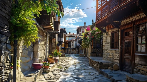 Traditional street in the old town of Sozopol Bulgaria : Generative AI