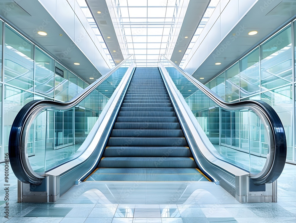 Fototapeta premium Modern Escalator in Bright and Spacious Glass Corridor