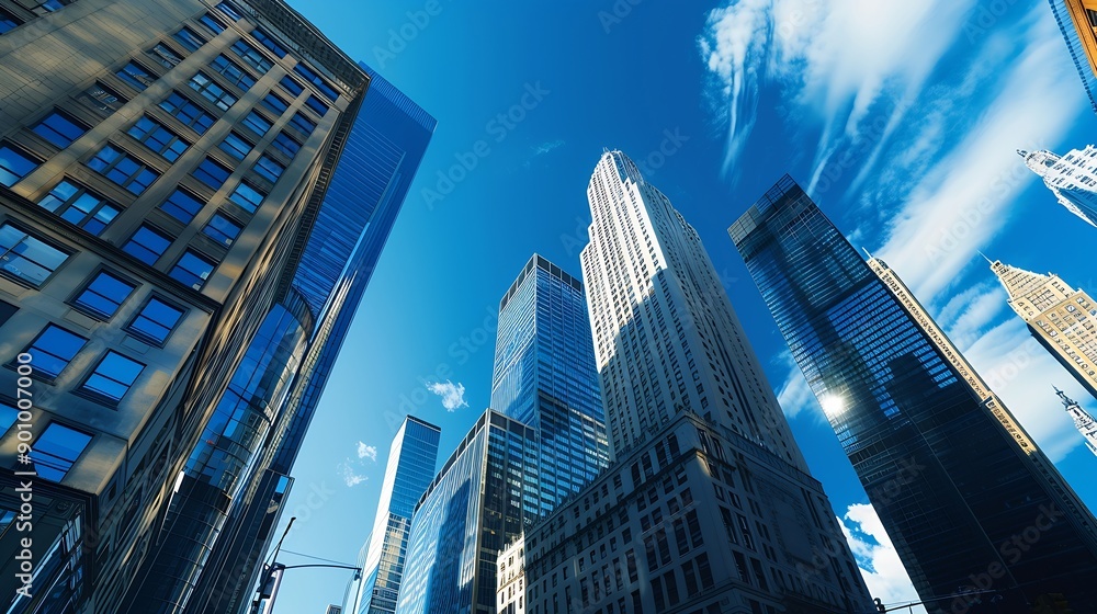 Fototapeta premium Impressive panoramic photo of skyscrapers against a bright blue sky This urban scene showcases modern architecture including tall buildings and a sparkling city skyline Perfect as a vi : Generative AI