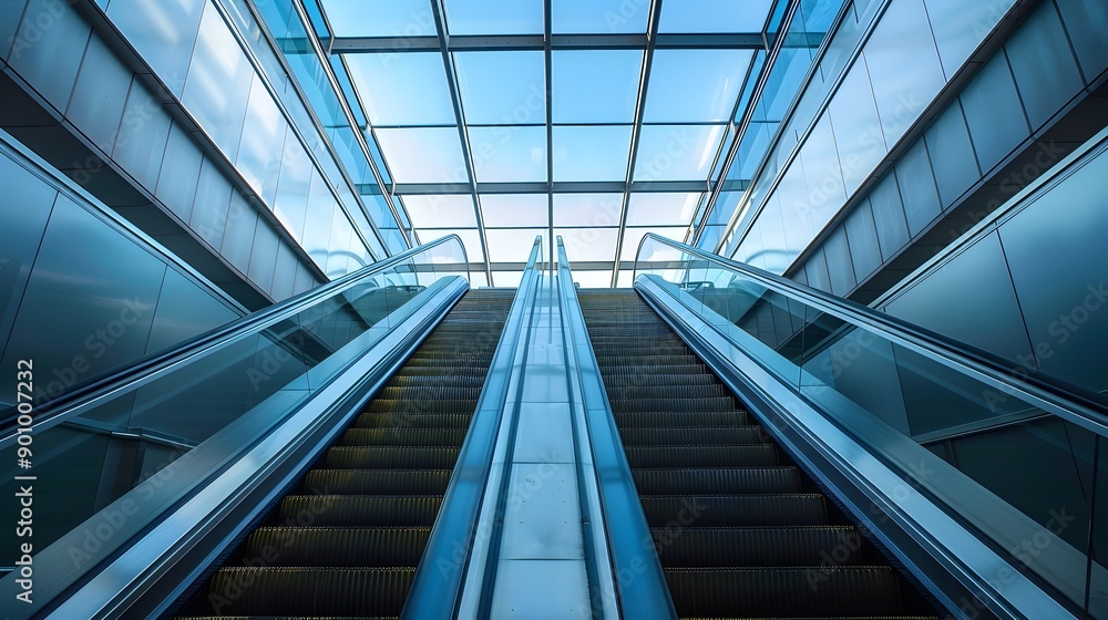Futuristic Escalator Corridor in Modern Glass Building with Clean Architectural Design Futuristic Escalator Corridor in Modern Glass Building with Clean Architectural Design