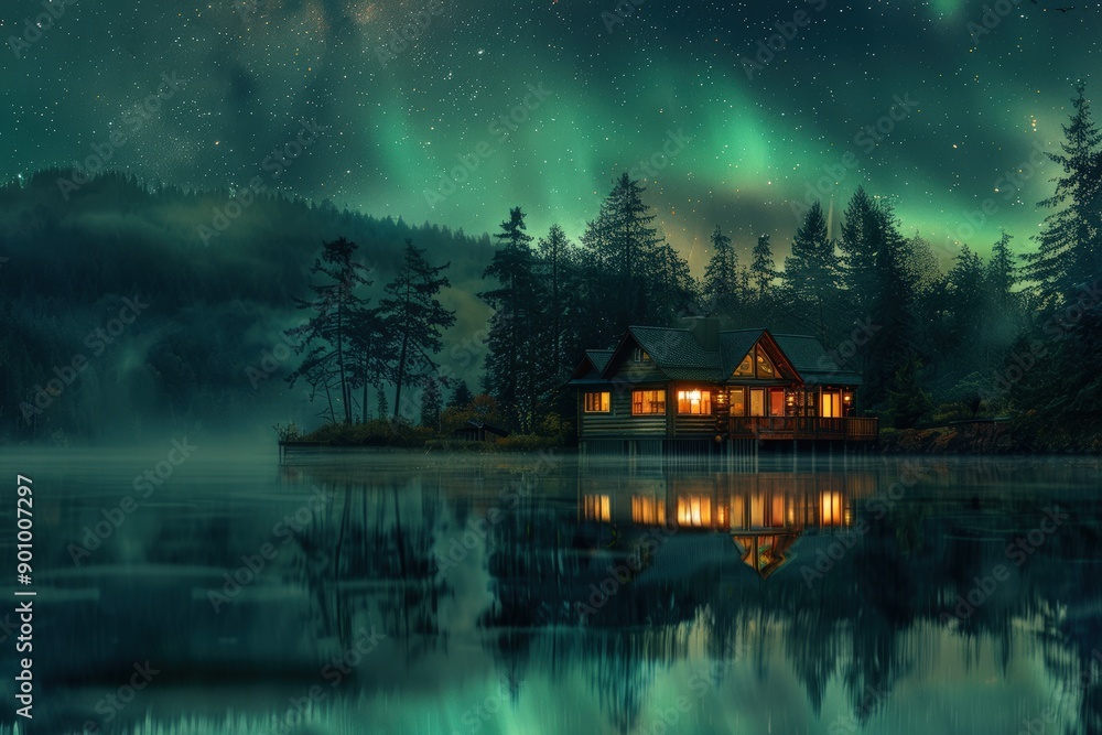 A serene cabin by a reflective lake under the mesmerizing aurora borealis in a tranquil forest setting. A serene cabin by a reflective lake under the mesmerizing aurora borealis in a tranquil forest setting.