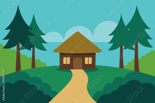 Vector illustration of a house with a thatched roof and a pathway in the middle of a forest
