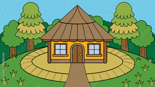 Vector illustration of a house with a thatched roof and a pathway in the middle of a forest