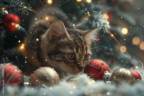 Mischievous Cat Nestled in a Christmas Tree