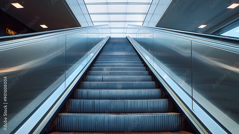 Long Shot of Escalator with Clear Empty Space in a Modern Commercial Interior Long Shot of Escalator with Clear Empty Space in a Modern Commercial Interior