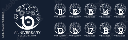 set of 10 to 19th anniversary logotype design, with white color fireworks for celebration event, wedding, and birthday, vector illustration