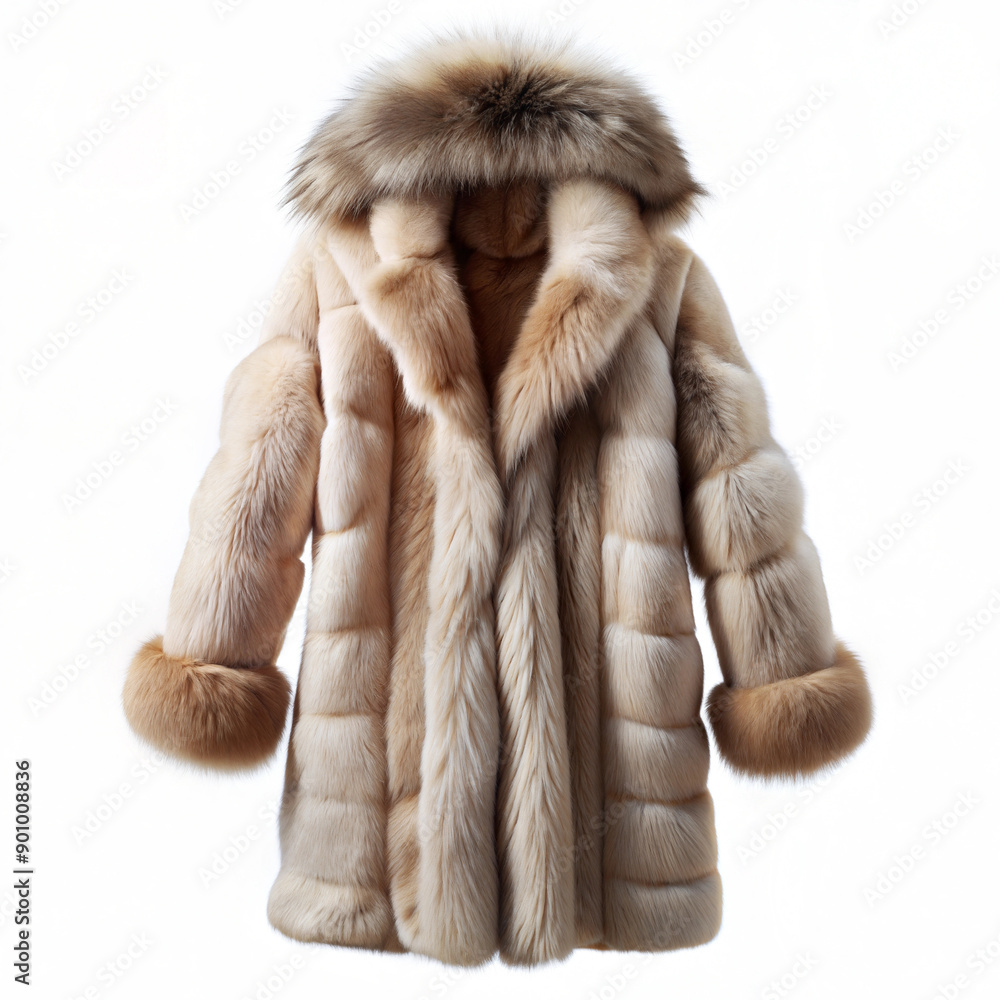 Luxurious Fur Coat with Hood on White Background Luxurious Fur Coat with Hood on White Background