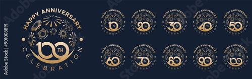 set of 10 to 100th anniversary logotype design, with golden fireworks for celebration event, wedding, and birthday, vector illustration