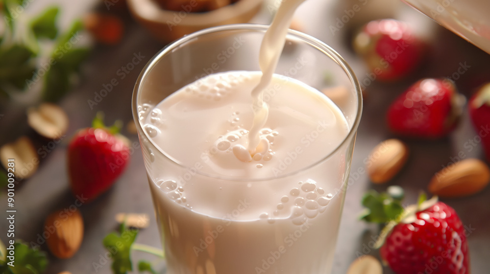 Pouring milk into glass, with stawberry and almond around Pouring milk into glass, with stawberry and almond around