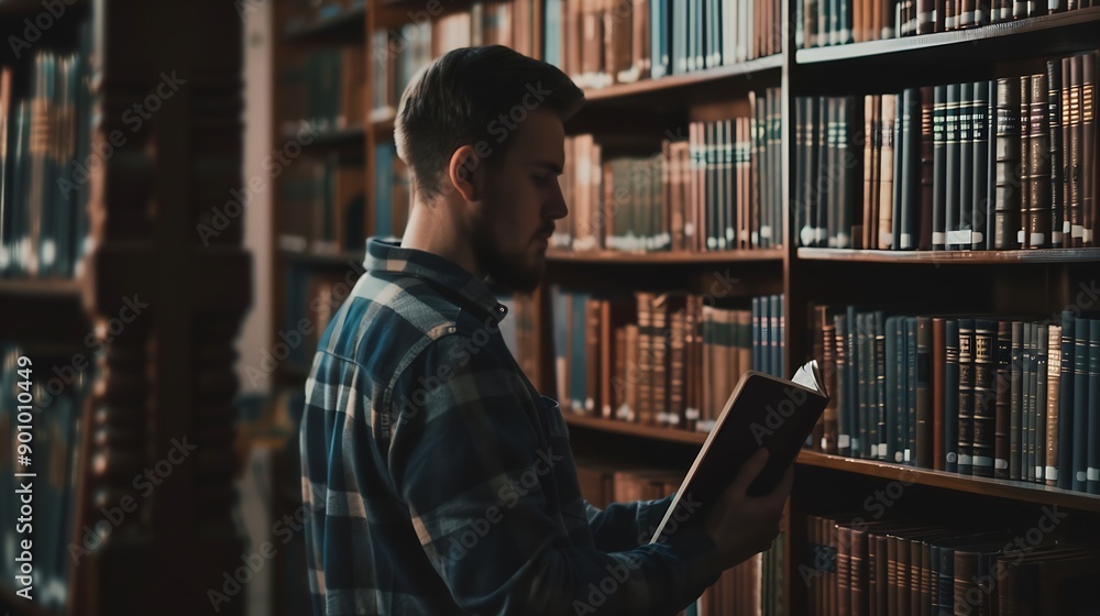 Bible university or student in a library to research spiritual religion knowledge prayer or Christianity by bookshelf Nerd school focused young man in college studying or learning fait : Generative AI Bible university or student in a library to research spiritual religion knowledge prayer or Christianity by bookshelf Nerd school focused young man in college studying or learning fait : Generative AI