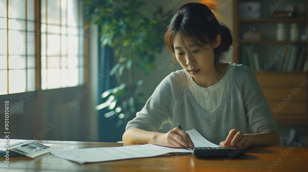 A focused Asian woman sits at a wooden table in a welllit room carefully reviewing and calculating her finances using a calculator and written documents : Generative AI A focused Asian woman sits at a wooden table in a welllit room carefully reviewing and calculating her finances using a calculator and written documents : Generative AI