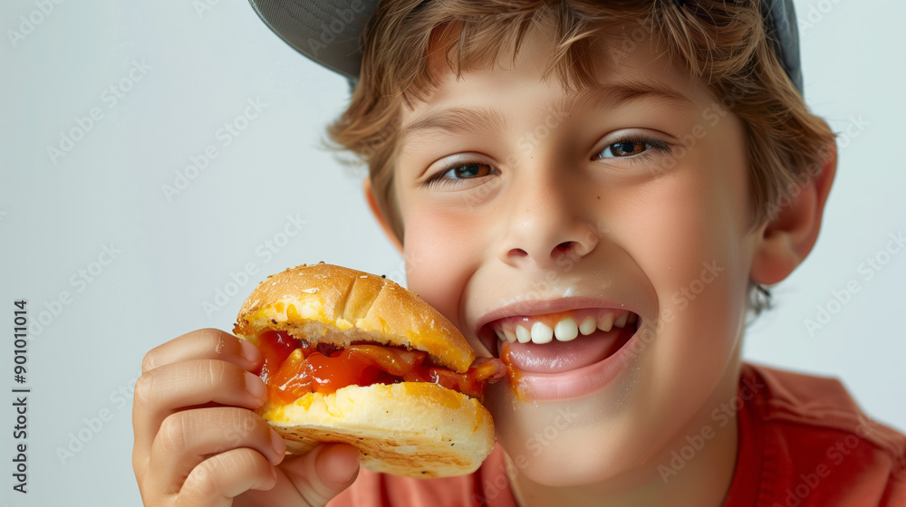 Boy wearing cap eating sandwich, little tomato sauce on mouth Boy wearing cap eating sandwich, little tomato sauce on mouth