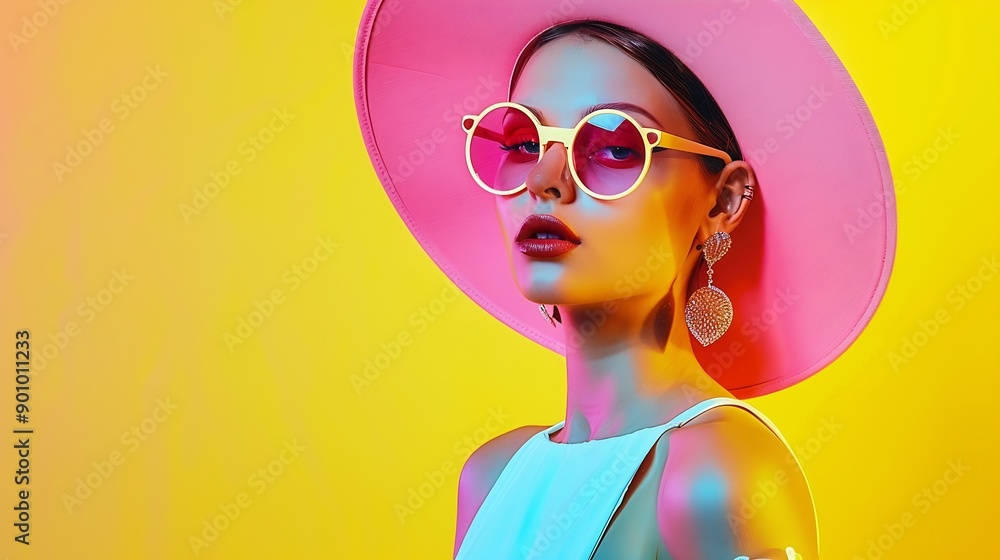 Chic look with young woman model wearing retrofuturistic round sunglasses hat and dress against yellow background in neon light Concept of modern fashion trendy style beauty youth cult : Generative AI Chic look with young woman model wearing retrofuturistic round sunglasses hat and dress against yellow background in neon light Concept of modern fashion trendy style beauty youth cult : Generative AI