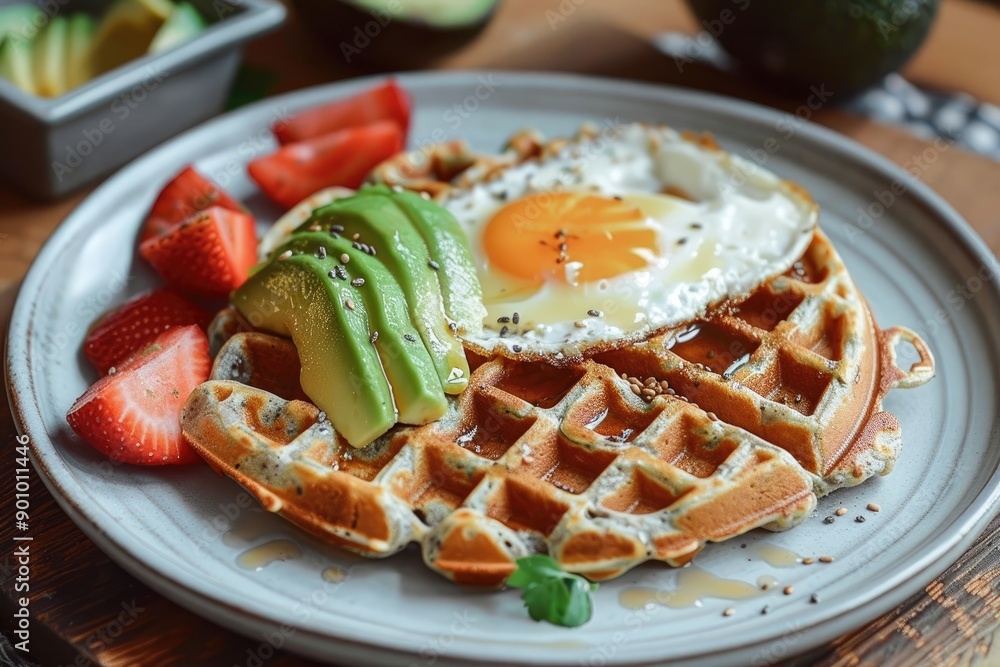 Savory Waffle with Fried Egg, Avocado, and Strawberries Savory Waffle with Fried Egg, Avocado, and Strawberries