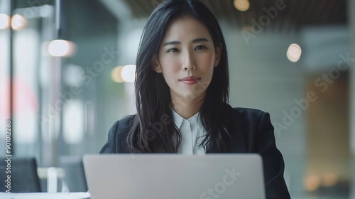Beautiful asian businesswoman Confident working with a laptop typing small business owner online freelance worker ecommerce marketing concept finance real estate agent   Generative AI