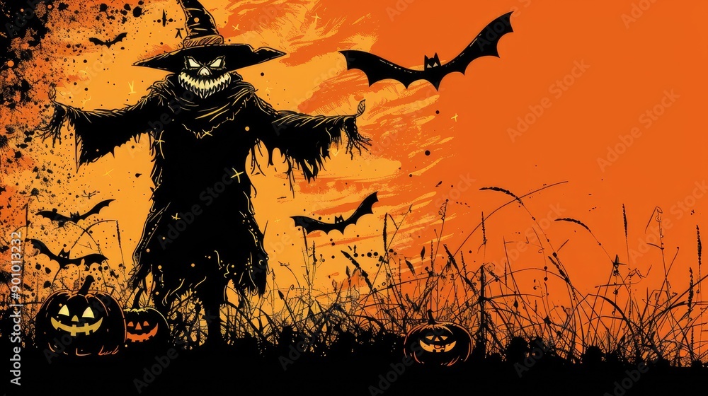 A Halloween scene with a witch and bats flying in the background A Halloween scene with a witch and bats flying in the background