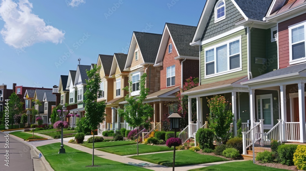 A row of houses with a green house in the middle A row of houses with a green house in the middle