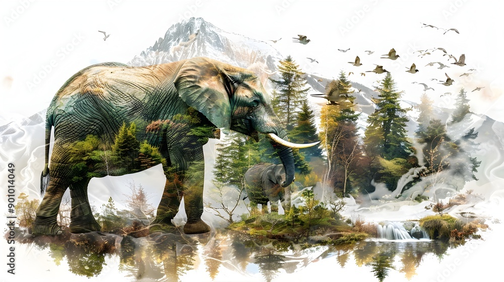 Fototapeta premium Majestic Elephant Trumpeting Amidst Lush Forest and Mountainscape