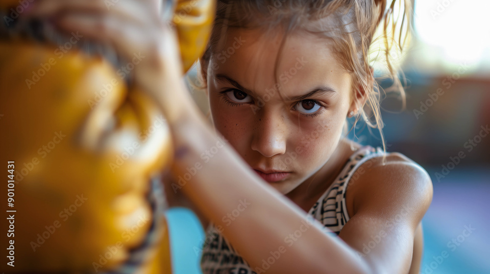 Determined teenage girl training with a yellow punching bag Determined teenage girl training with a yellow punching bag