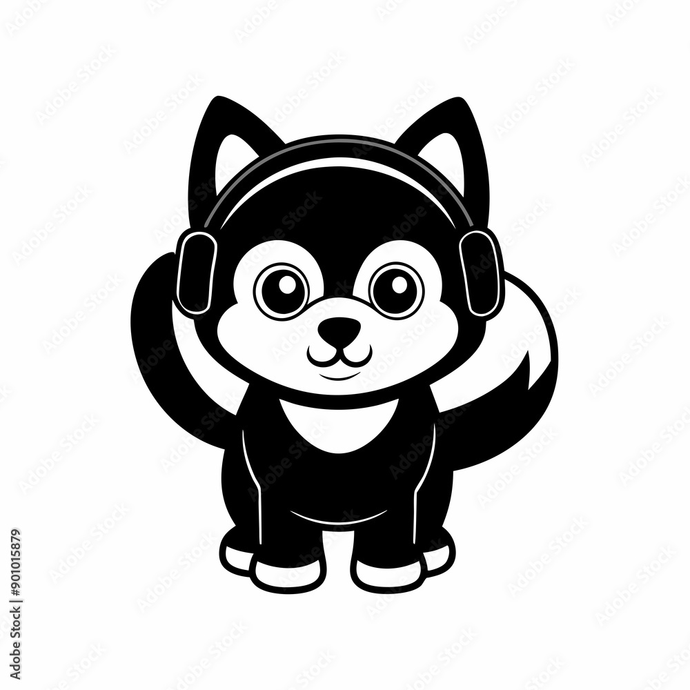 Fototapeta premium Cute husky wearing headphone silhouette black vector icon illustration