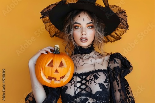 Magician woman wearing black costume and halloween makeup holding carved pumpkin, isolated over yellow background photo