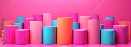 Colorful cylindrical shapes arranged in vibrant patterns against a pink background. Abstract geometric art, ideal for modern and creative designs.