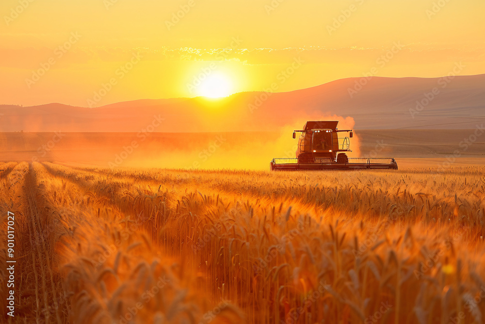 Fototapeta premium A beautiful sunset over a harvesting field with a harvester working in the rural countryside.