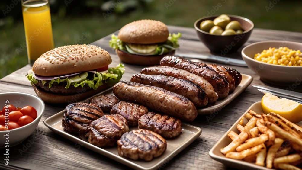 Outdoor picnic with barbecue grill, burgers, and side dishes Outdoor picnic with barbecue grill, burgers, and side dishes