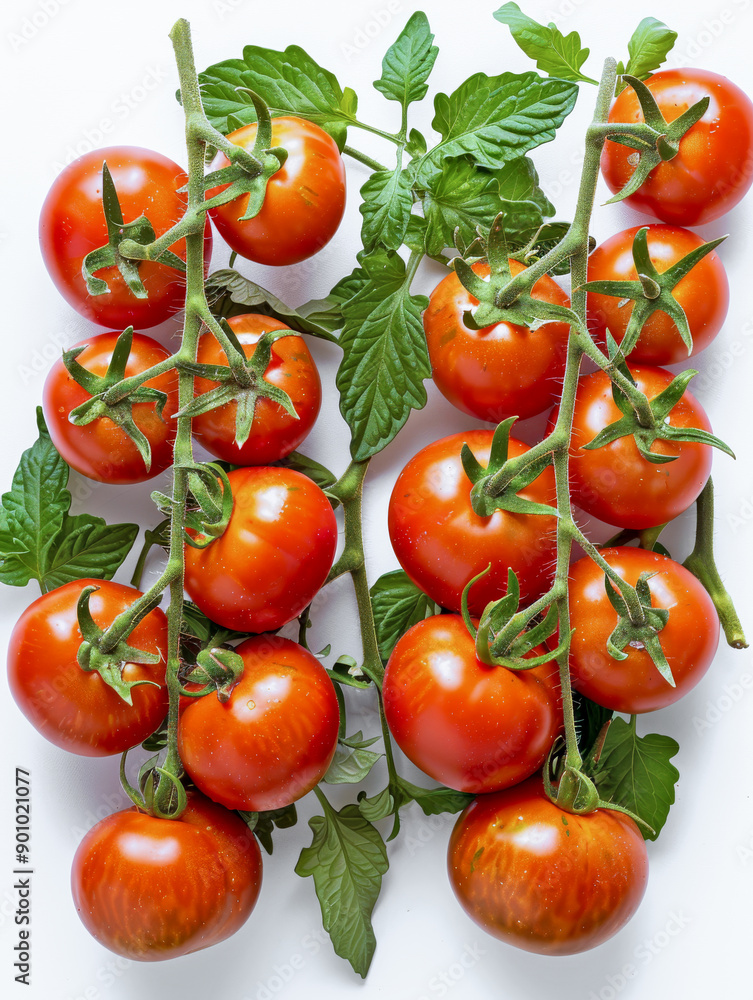 Ripe red cherry tomatoes still on the vine lying on a white background Ripe red cherry tomatoes still on the vine lying on a white background