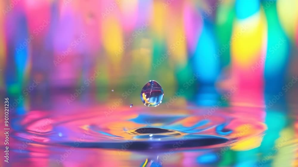 A vibrant water droplet is captured mid-air against a colorful bokeh ...