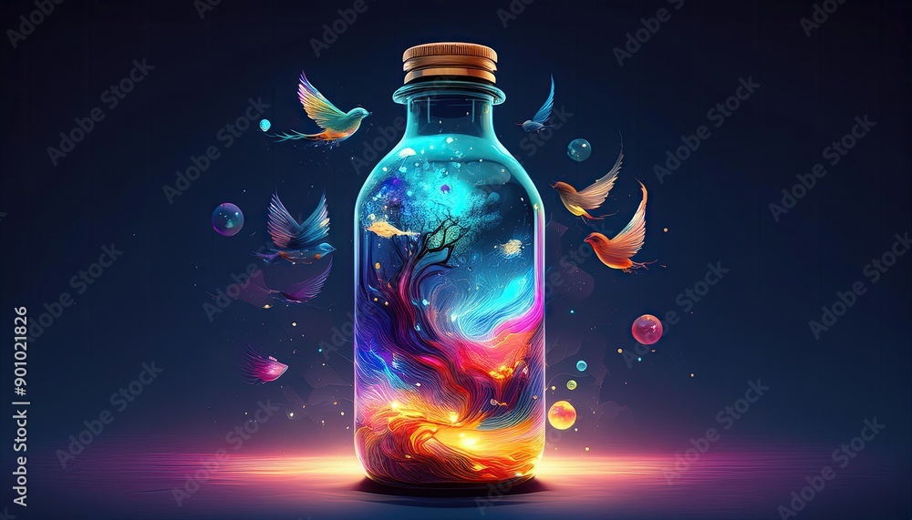 Imaginative images, a colorful liquid kept inside a bottle over which birds are flying. Imaginative images, a colorful liquid kept inside a bottle over which birds are flying.