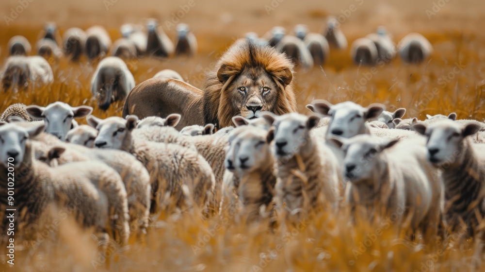Lion king animal with sheep on the landscape view Lion king animal with sheep on the landscape view