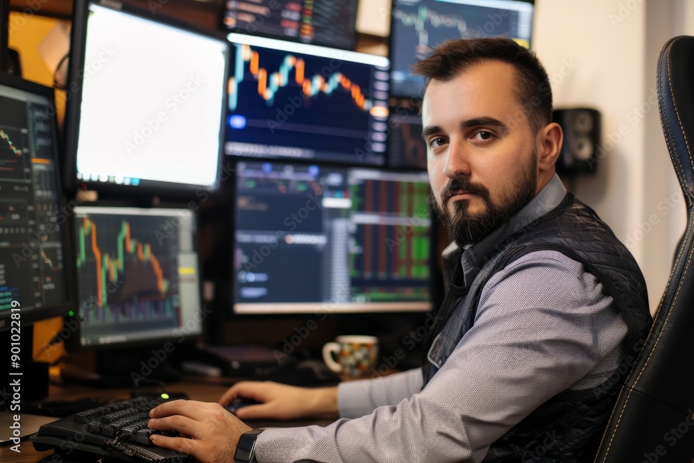 Portrait of a crypto broker setting up trading algorithms, Generative AI Portrait of a crypto broker setting up trading algorithms, Generative AI
