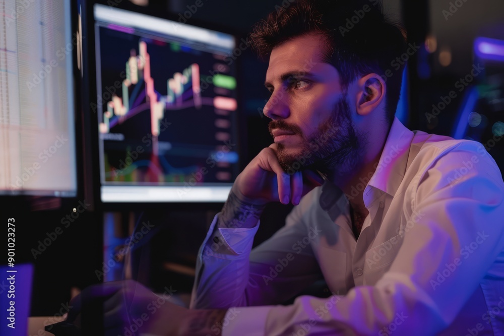 Portrait of a crypto broker working late at the office, Generative AI Portrait of a crypto broker working late at the office, Generative AI