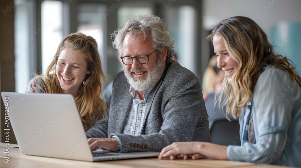 Collaborative Teamwork: Three Professionals Engaged Around an Open Laptop, Sharing Positive Interaction Collaborative Teamwork: Three Professionals Engaged Around an Open Laptop, Sharing Positive Interaction