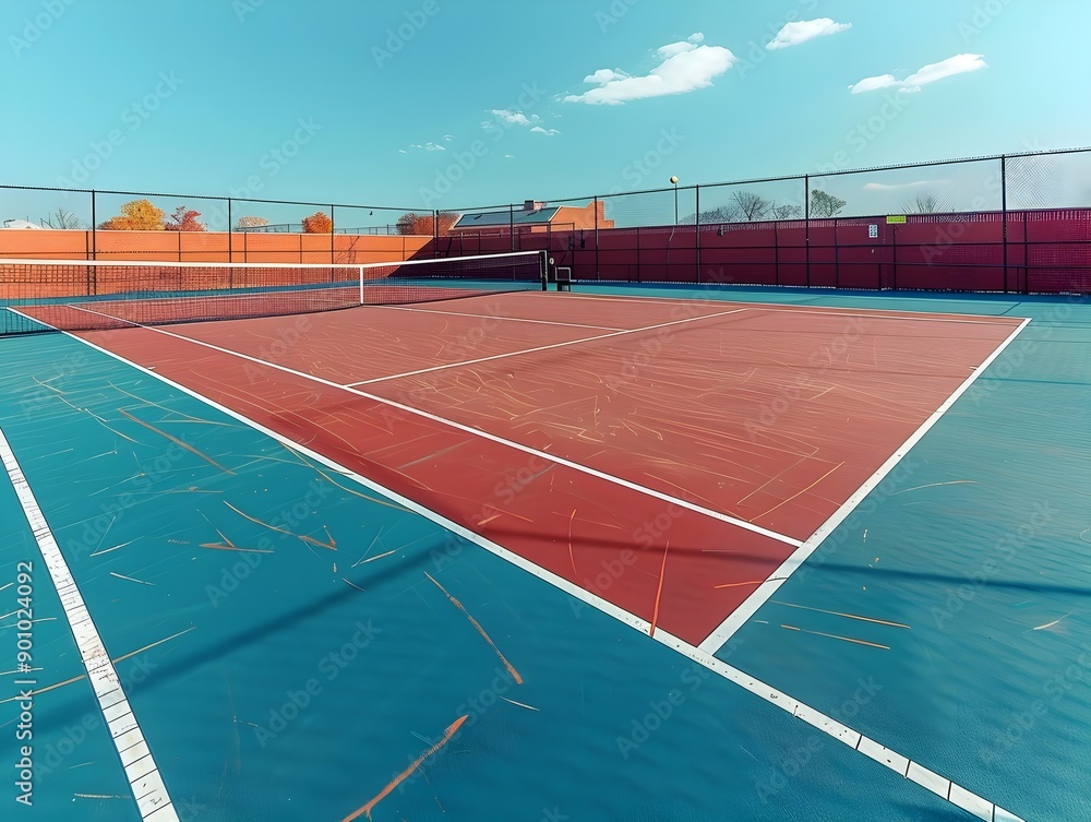 Fototapeta premium Vibrant Tennis Court with Clear Sky and Geometric Patterns