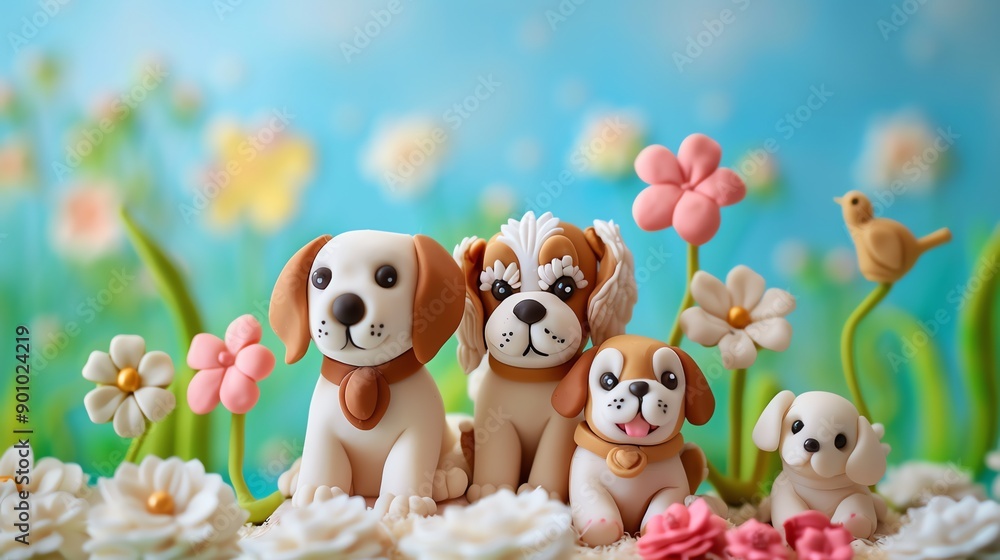 A 3D clay scene of a garden with four dogs, flowers and a bird. A 3D clay scene of a garden with four dogs, flowers and a bird.