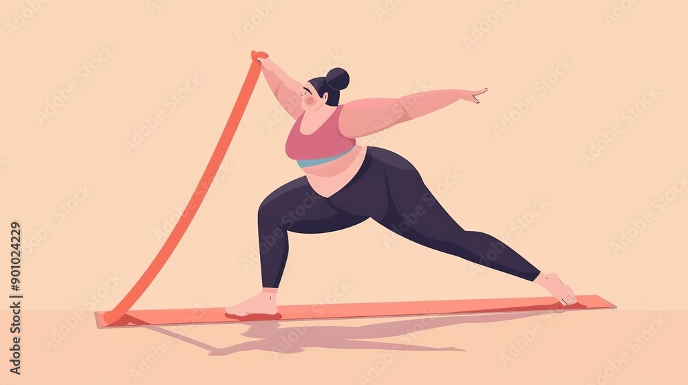 Plus size woman doing yoga with resistance band. Plus size woman doing yoga with resistance band.